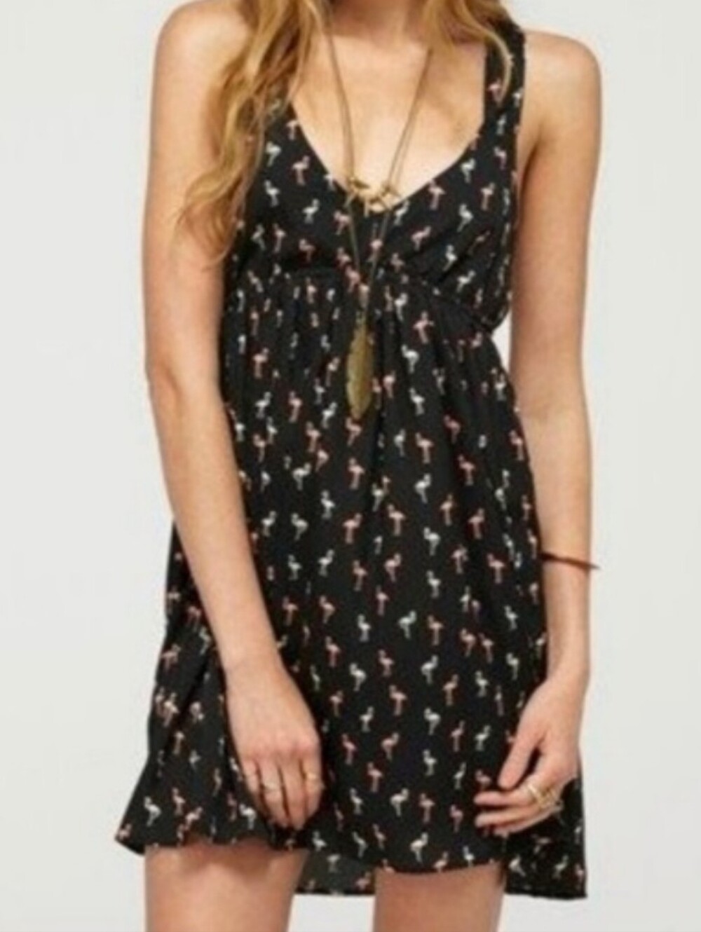 ROXY Strappy V Neck Flamingo mini dress with button back neck closure. Size XS
